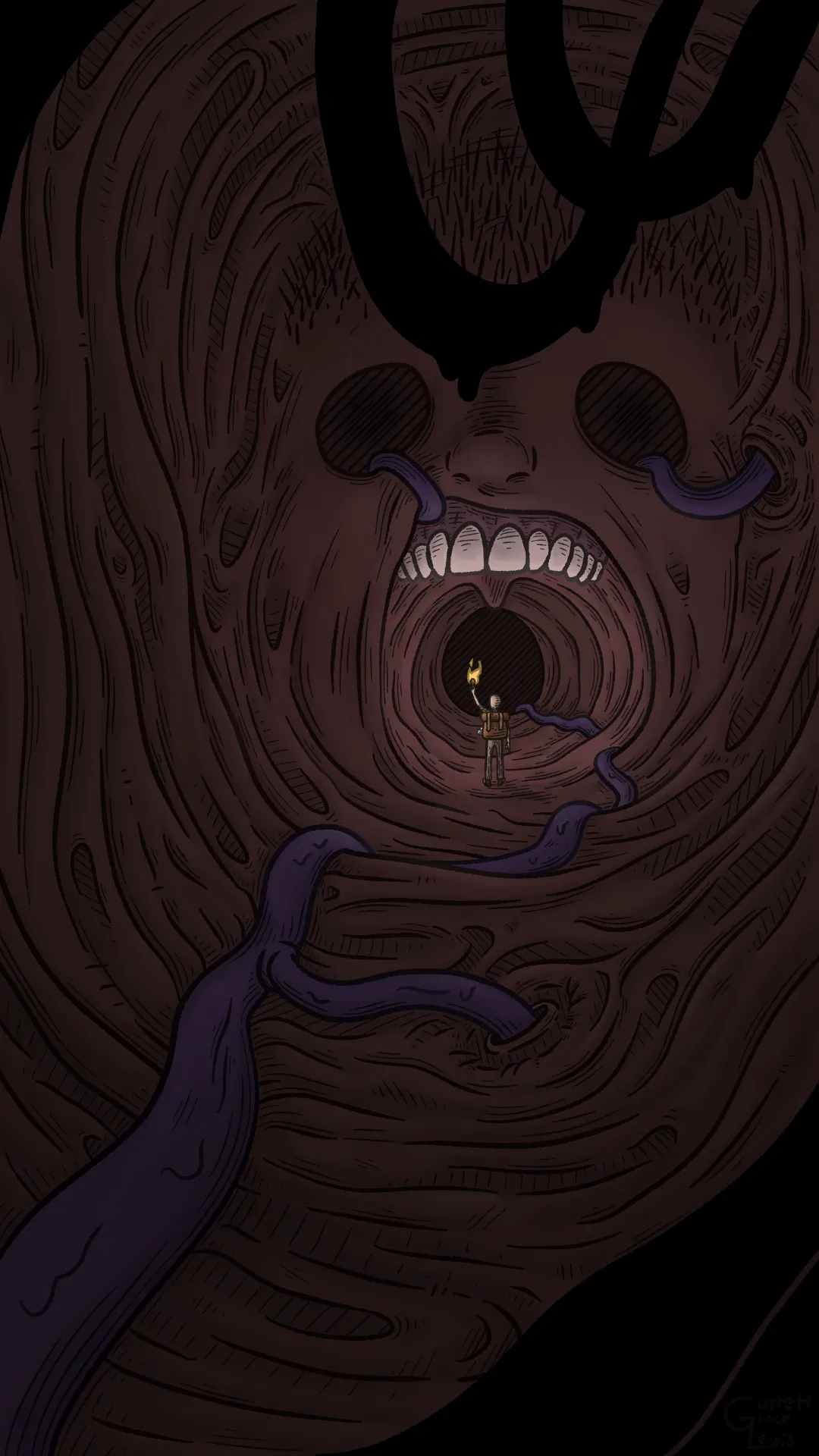 An illustration depicting a red, fleshy tunnel. A face is embedded into the end, with empty eye sockets and a gaping, open mouth that leads further into the depths. Blue veins snake throughout. A lone figure, holding a torch, stands at the precipice of the open mouth..